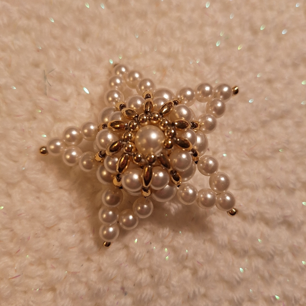 Star Vintage 5 Point beaded Pearl Gold ornaments Hand Crafted